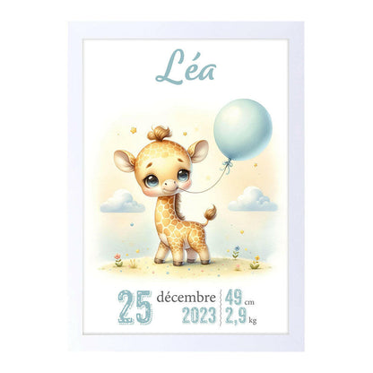 Affiche naissance personnalisée - Girafe mignonne au ballon