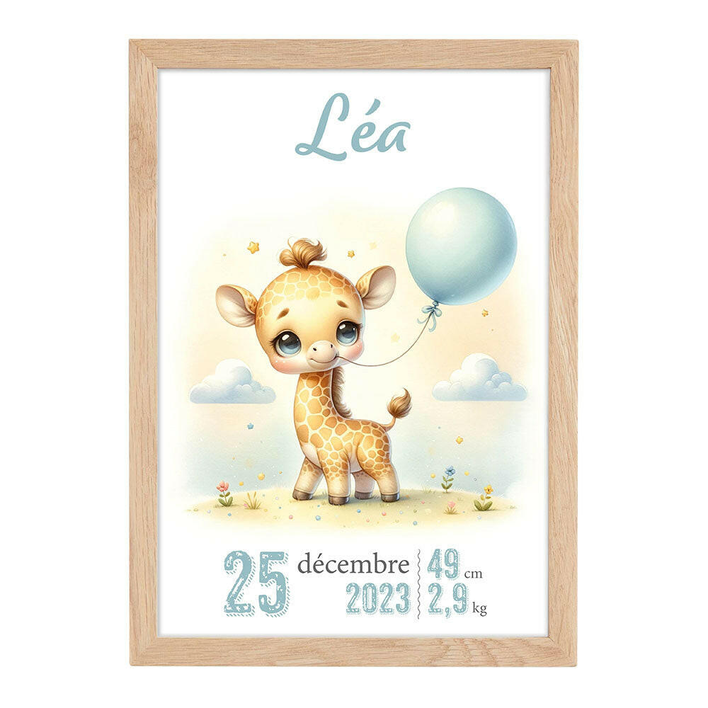 Affiche naissance personnalisée - Girafe mignonne au ballon