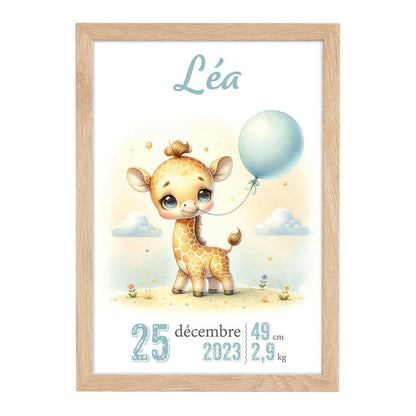 Affiche naissance personnalisée - Girafe mignonne au ballon