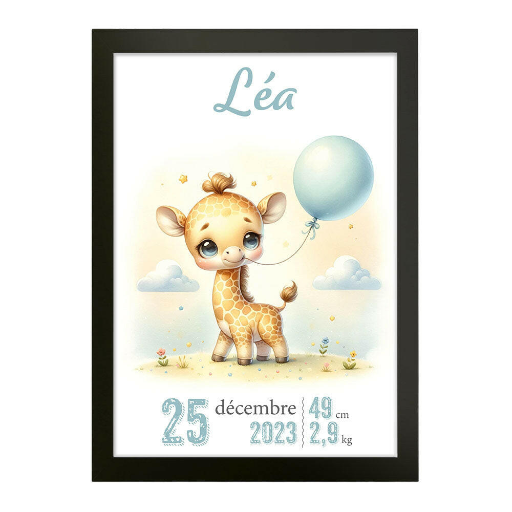 Affiche naissance personnalisée - Girafe mignonne au ballon