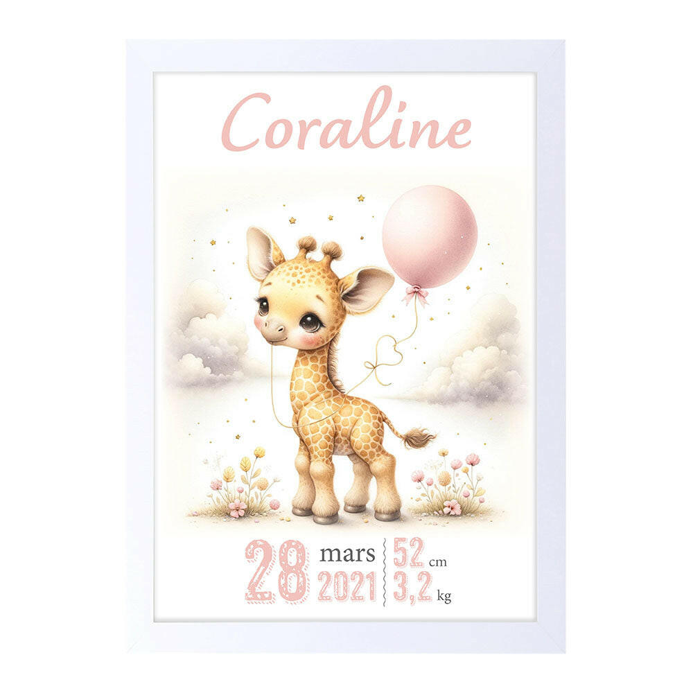 Affiche naissance personnalisée - Girafe mignonne au ballon