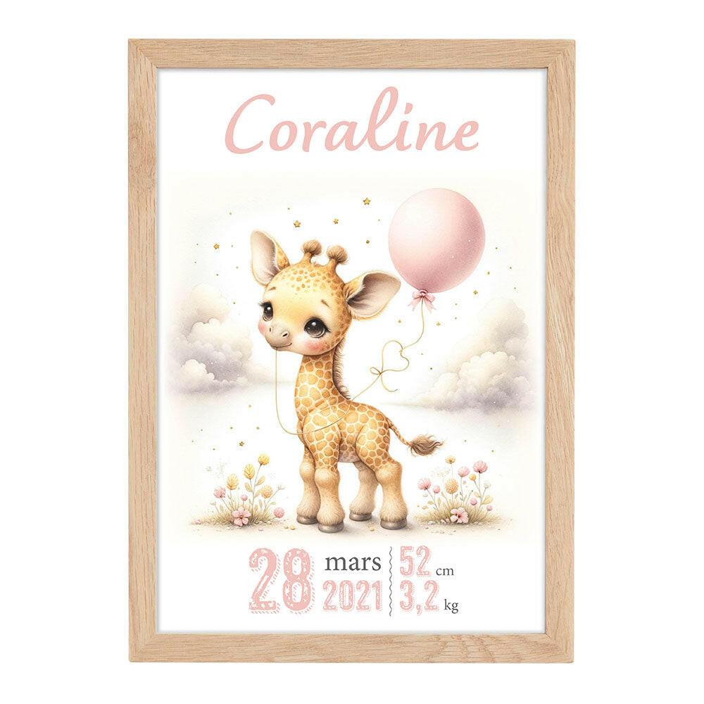 Affiche naissance personnalisée - Girafe mignonne au ballon