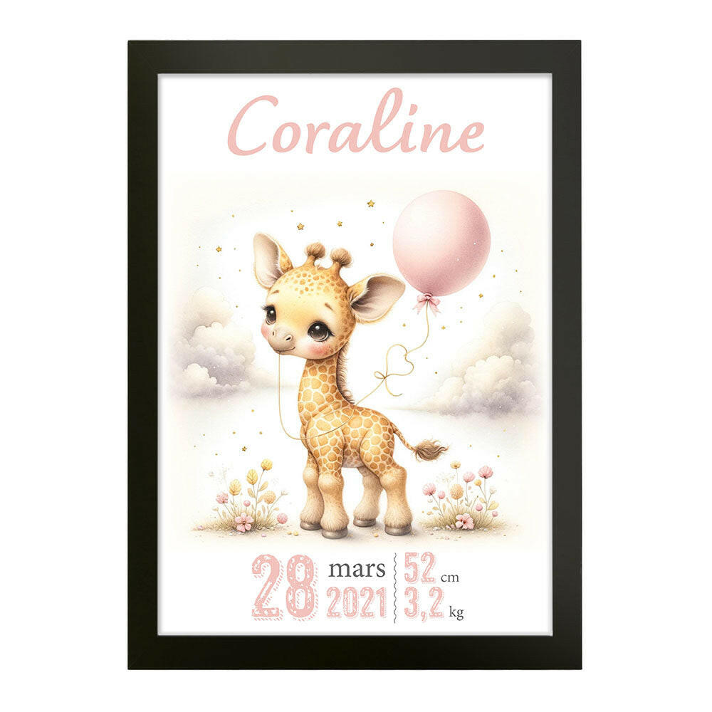 Affiche naissance personnalisée - Girafe mignonne au ballon